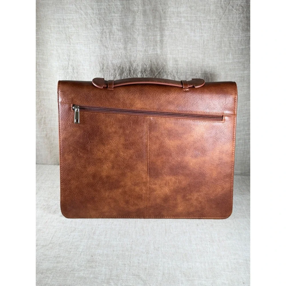Vintage Cognac Faux Leather Portfolio Organizer Zip Folio Business Case